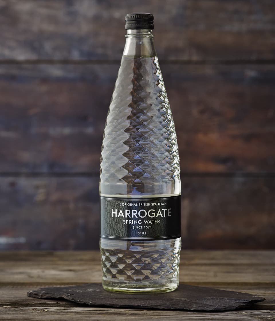 Harrogate water glass bottle made by Verallia
