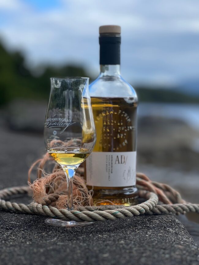 Ardnamurchan whisky glass bottle made by Verallia, featuring unique embossing