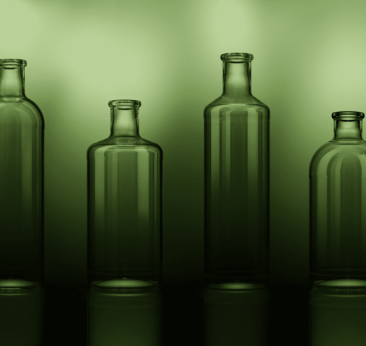 A picture of the full ECOVA sustainable glass bottle range with a green overlay