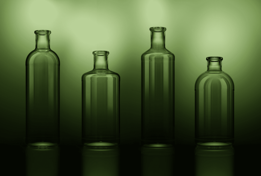 A picture of the full ECOVA sustainable glass bottle range with a green overlay