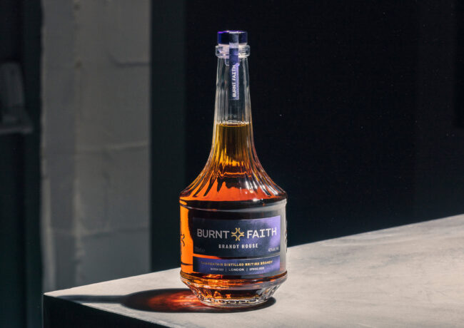 Burnt Faith Brandy glass bottle created by Verallia with a bespoke bottle mould
